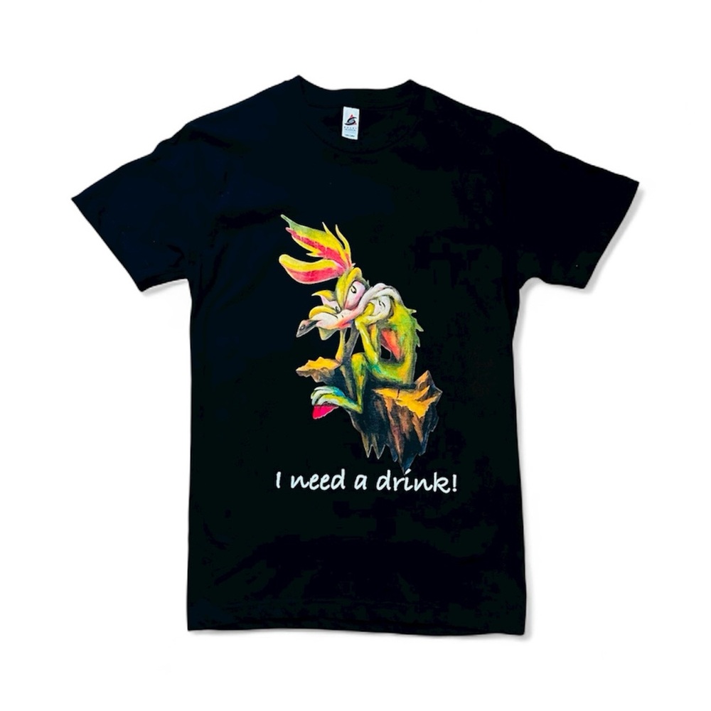 Black Graphic T-Shirt with Cartoon Print I need a drink
